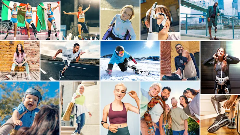 Collage von Ottobock Botschaftern wie Bebe Vio, Léon Schäfer und Zainab.