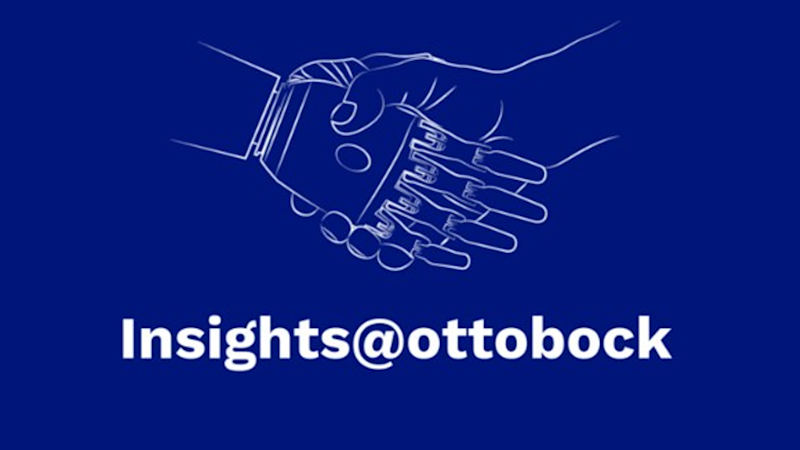 Icon Podcast Insights@ottobock Hand und Prothesenhand mit Unterschrift Insights@ottobock