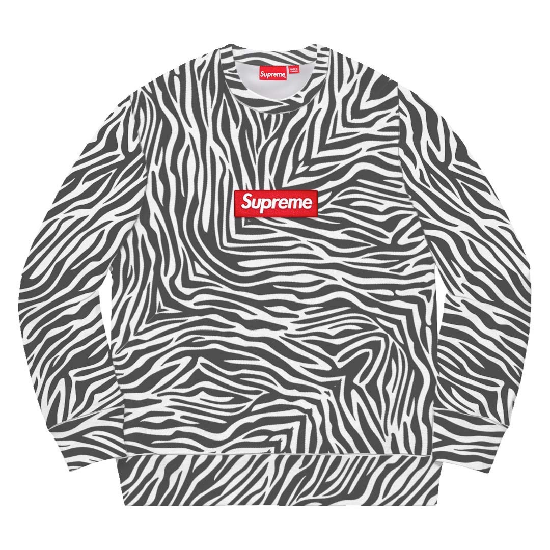 Supreme Box Logo Crewneck (Zebra) Heavyweight crossgrain brushed-back  fleece with embroidered logo on chest.
