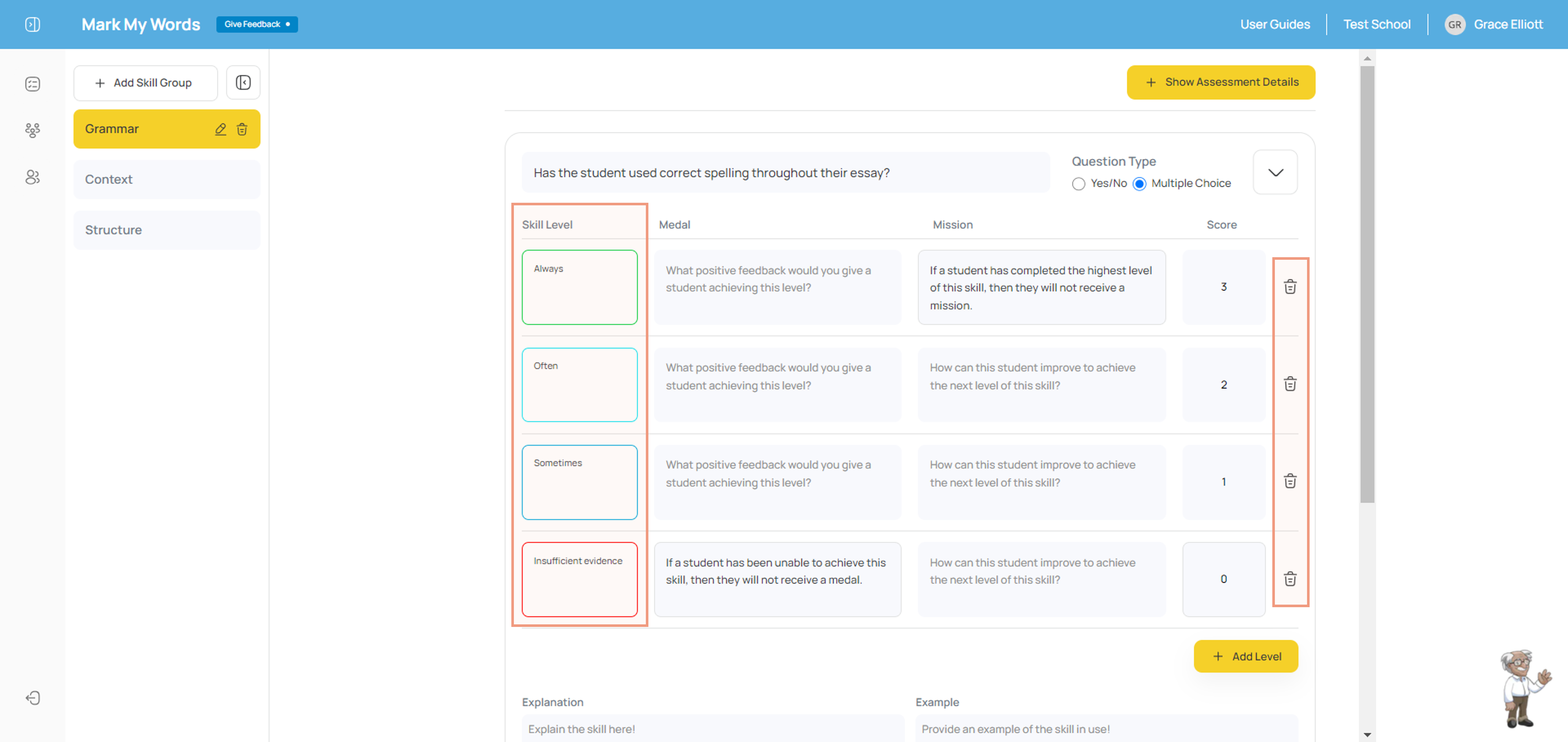 Step 5: Add and edit levels for ‘multiple choice’ skills