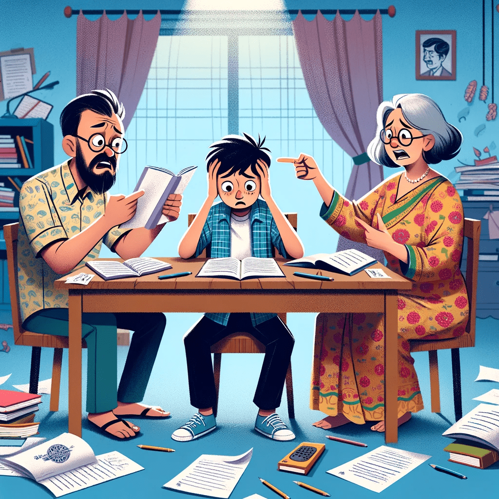 Parents struggling to help their son with homework 