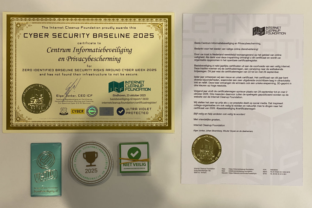Certificatenregen - Organisaties die minimaal één dag op groen staan op Basisbeveiliging.nl ontvangen het felbegeerde “cyber security baseline“-certificaat.