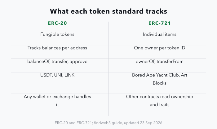A two-column table comparing ERC-20 and ERC-721: ERC-20 covers fungible tokens and tracks balances per address, with core functions balanceOf, transfer and approve, and is used by USDT, UNI and LINK; ERC-721 tracks one owner per token ID, with core functions ownerOf and transferFrom, and is used by Bored Ape Yacht Club and Art Blocks.