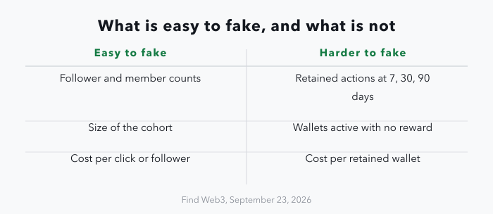 A two-column table contrasting metrics that are easy to fake, follower and member counts, cohort size, and cost per click or follower, with harder ones: retained on-chain actions at 7, 30 and 90 days, wallets active with no reward, and cost per retained wallet.