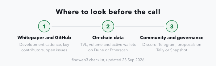 A three-stage strip showing the research a Web3 candidate can do in public: first the whitepaper and GitHub repository for development cadence, contributors and open issues; then on-chain data such as total value locked, transaction volume and active wallets on Dune or Etherscan; then community and governance on Discord, Telegram, Tally or Snapshot.