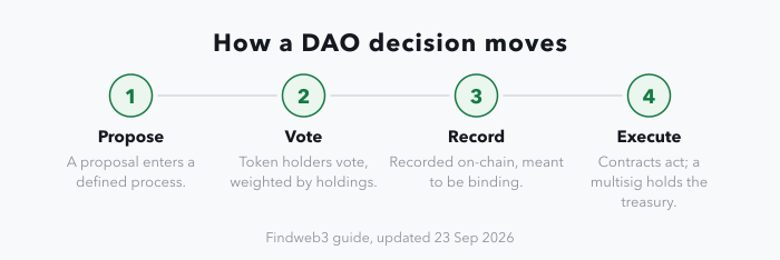 A four-stage strip showing how a DAO decision moves: a proposal enters a defined process, token holders vote with votes weighted by holdings, the result is recorded on-chain and meant to be binding, and smart contracts execute it from a multi-signature treasury.