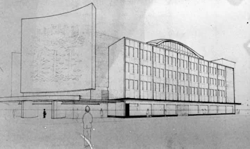 A plan drawing of the Coop building in Hull on which the Boyson mural Ships in the Sky stood. 