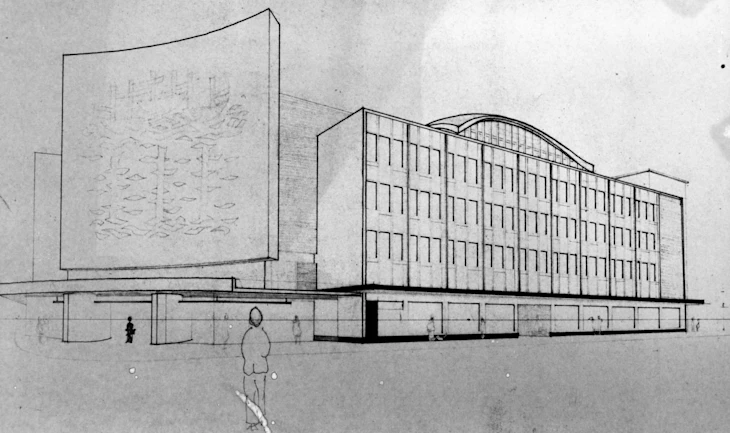 A plan drawing of the Coop building in Hull on which the Boyson mural Ships in the Sky stood. 