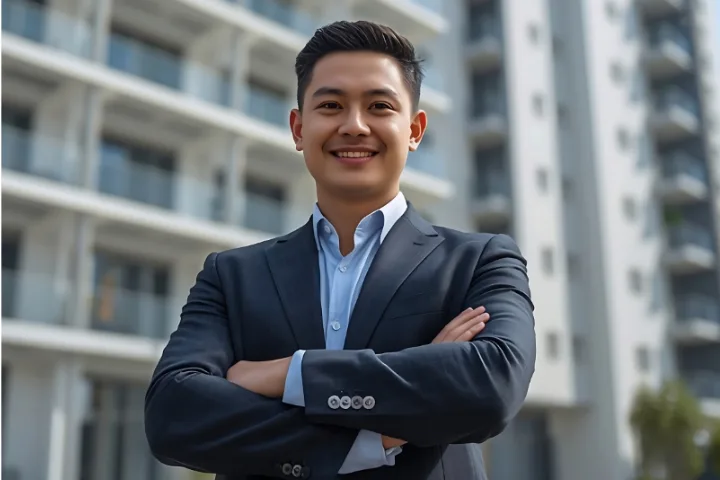 Student in front of condo building