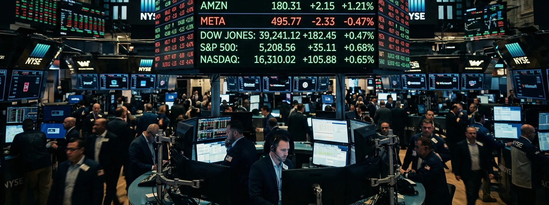Busy trading floor at the New York Stock Exchange displaying global market data
