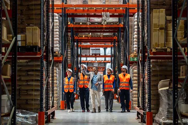 People walking through warehouse