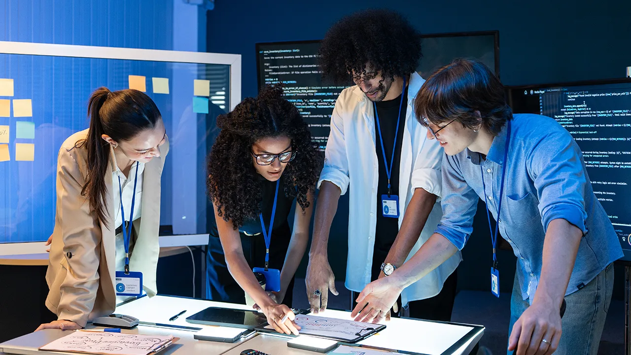Diverse group of technical experts analyzing creative sketches on table in office.