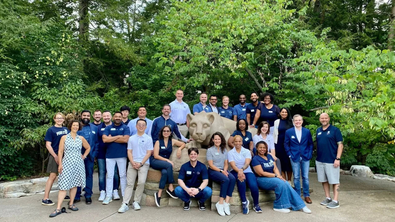 Group in front of Nittany Lion statue