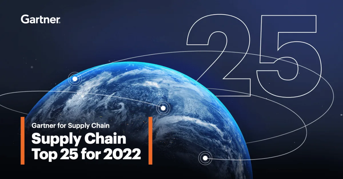 Graphic of the Gartner logo, earth, and text reading "Supply Chain Top 25 for 2022"