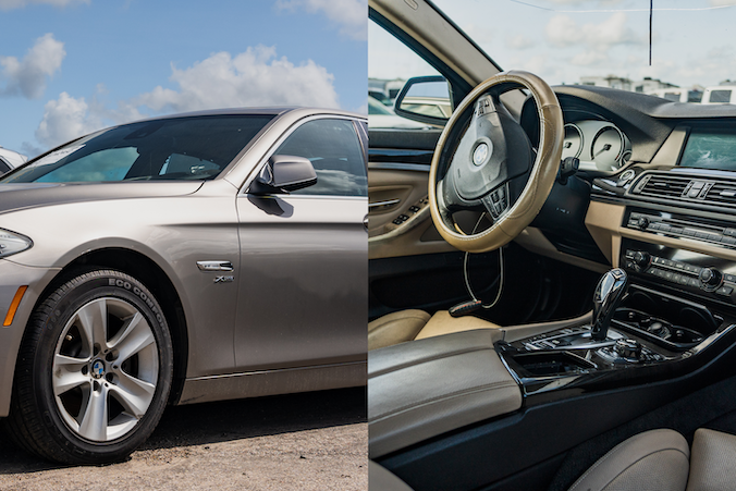 Exterior and interior view of silver sedan