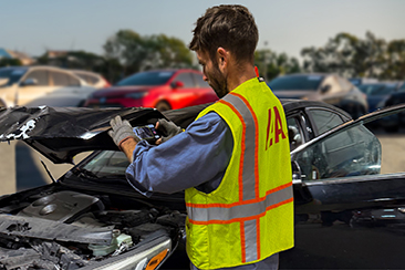 Man taking a picture of car engine in IAA safety vest