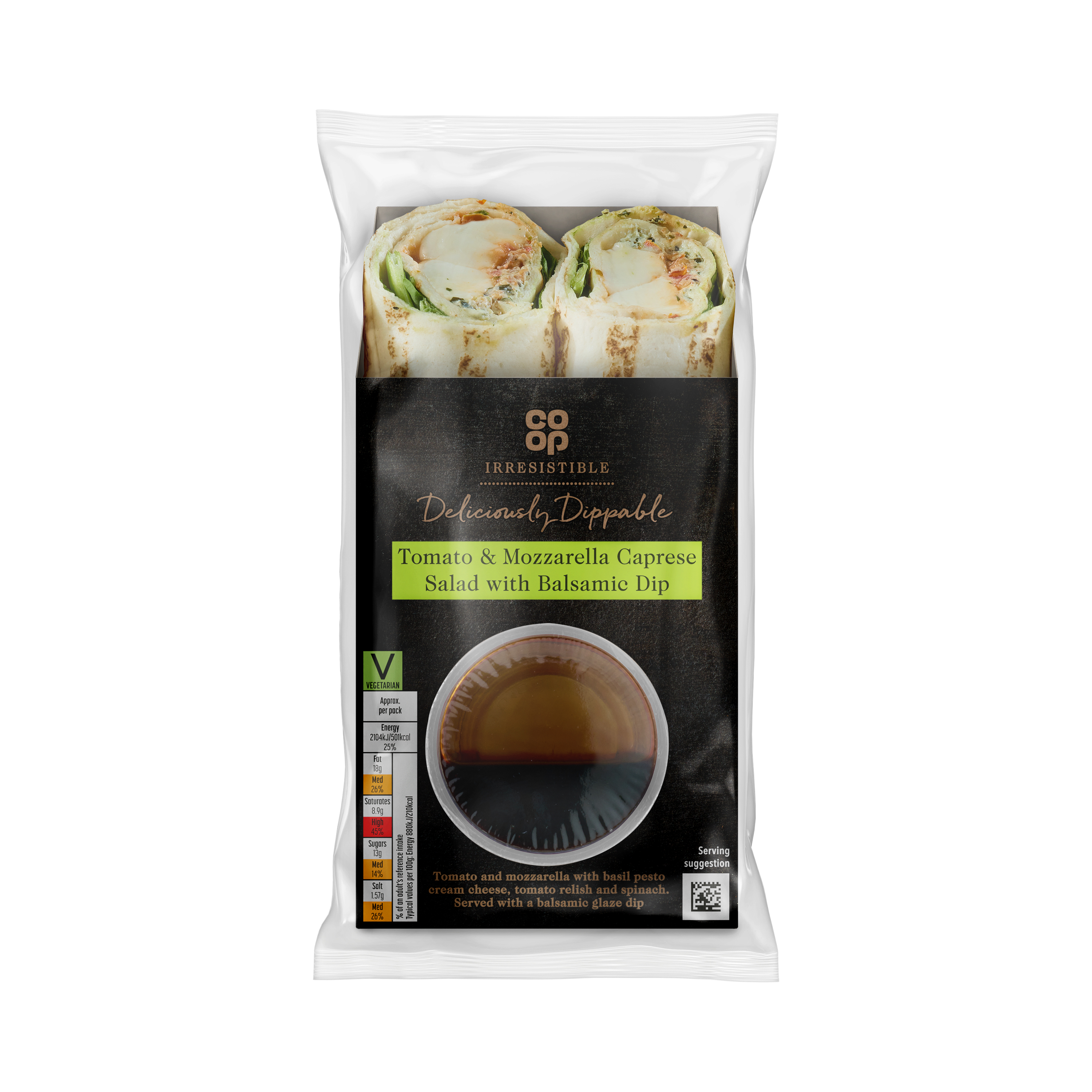 Co-op Irresistible Caprese Tomato and Mozzarella Wrap with Balsamic Vingear Dip