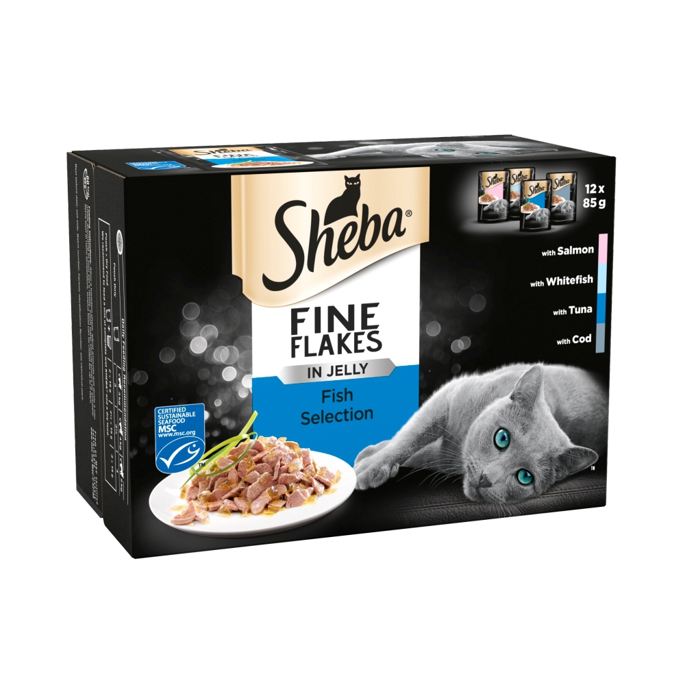 Sheba Fine Flakes Cat Food Pouches Fish in Jelly 12 x 85g Co op