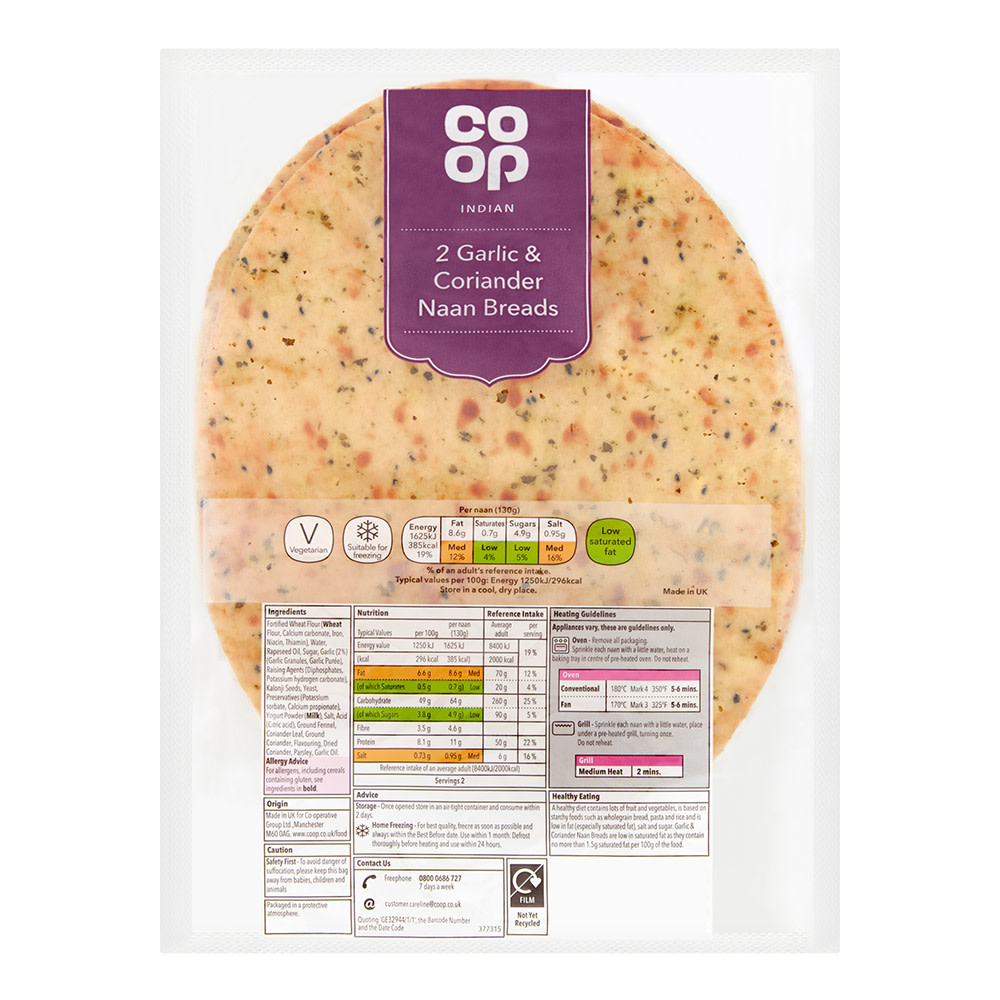 Co-op Garlic and Coriander Naan 260g