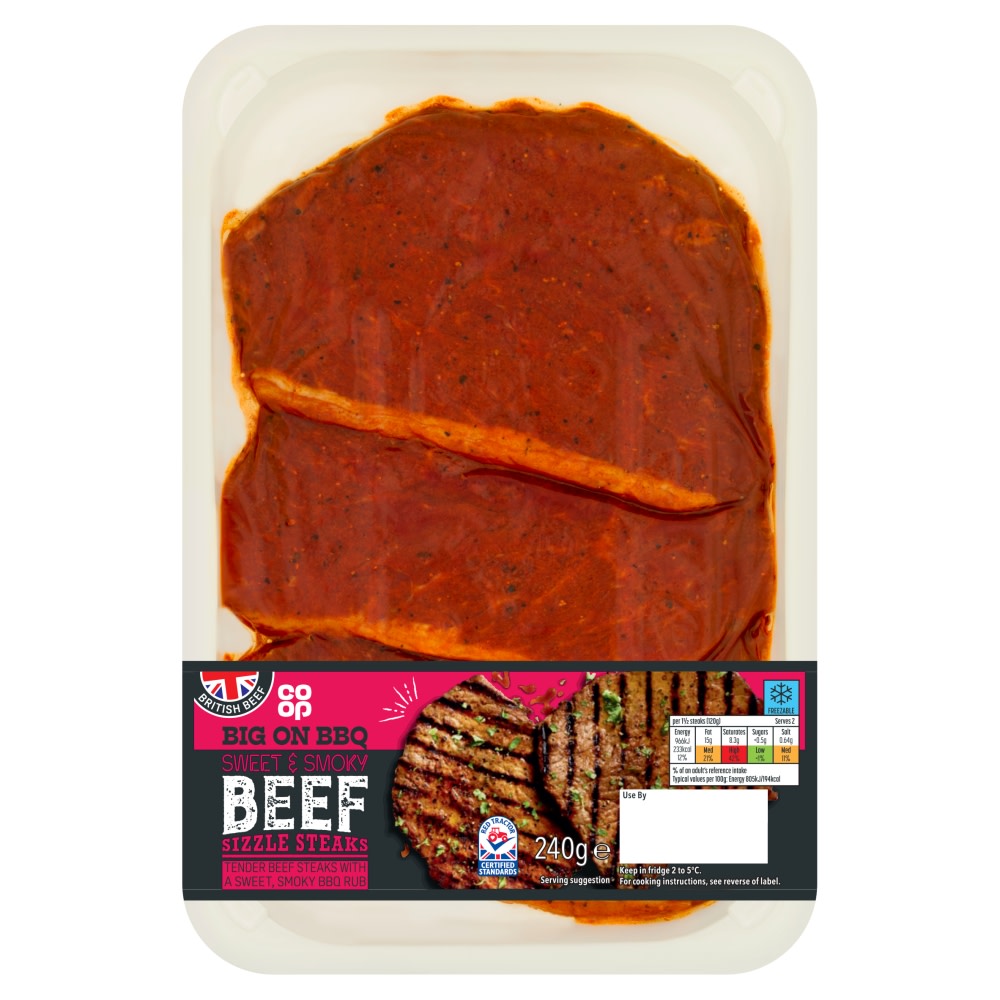Co-op Big on BBQ Sweet & Smoky Beef Sizzle Steaks 240g