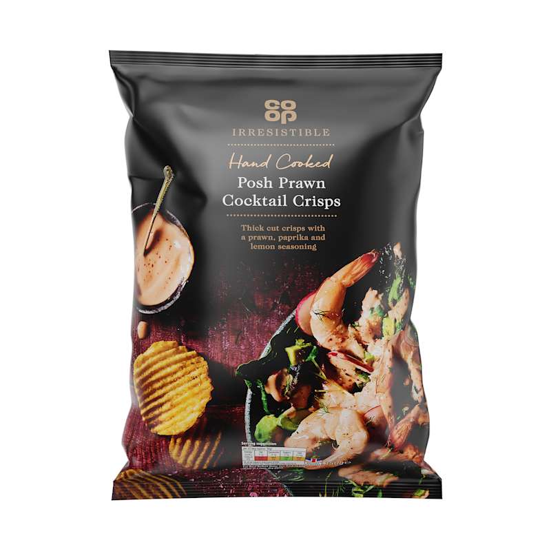 Co op Irresistible Hand Cooked Posh Prawn Cocktail Crisps 150g Co op co-op-irresistible-hand-cooked-posh-prawn-cocktail-crisps-150g-co-op
