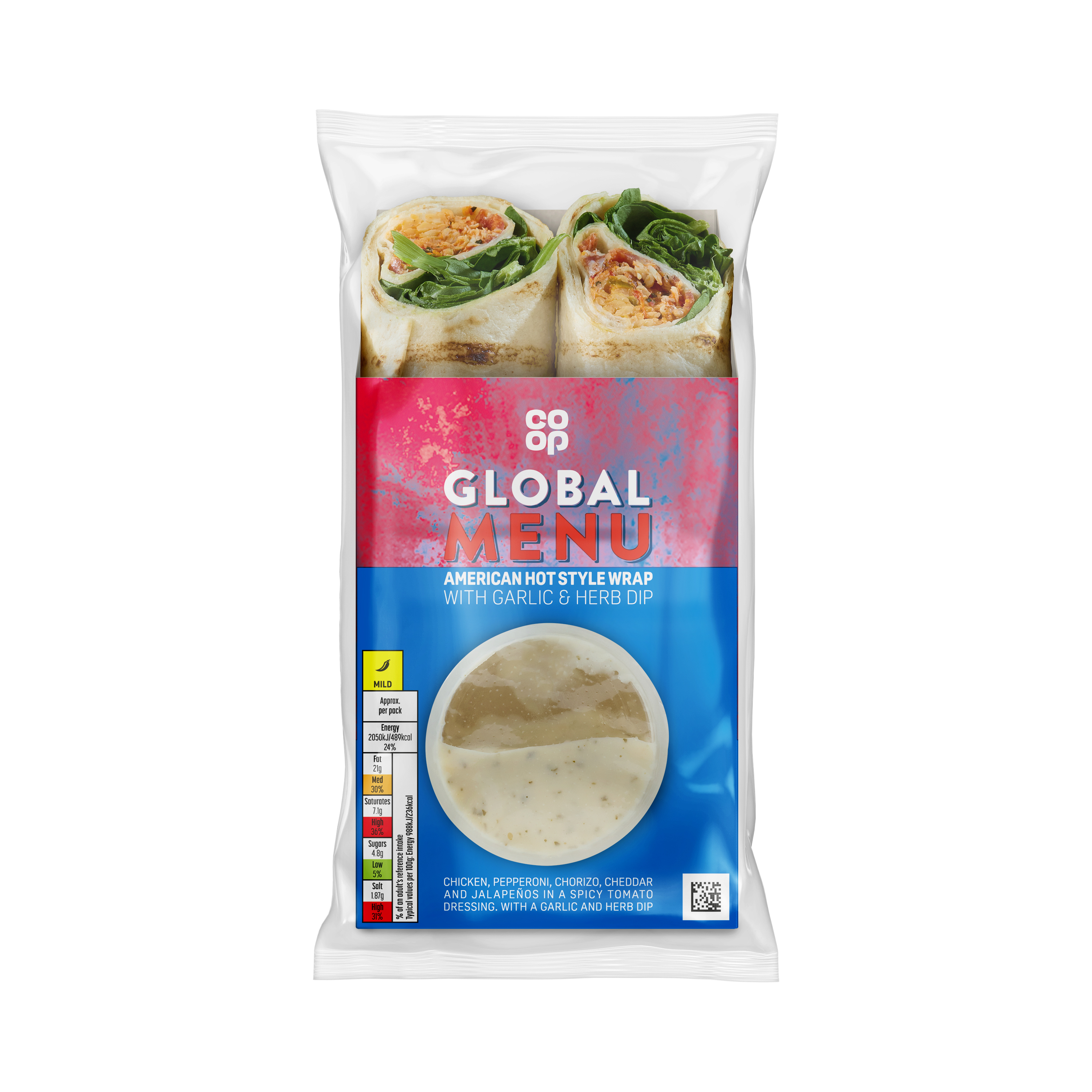 Co-op Irresistible American Hot wrap with Garlic & Herb Dip