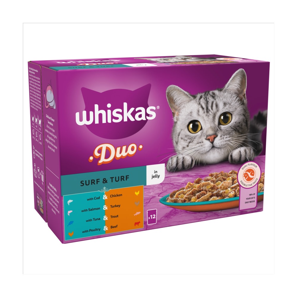 Whiskas 1+ Adult Wet Cat Food Pouches Surf & Turf Duo in Jelly