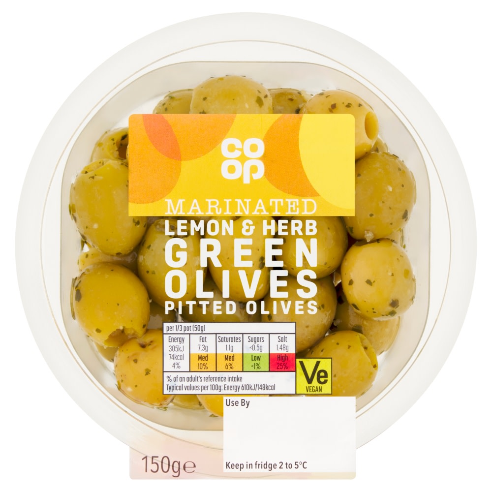 Co-op Marinated Lemon & Herb Pitted Green Olives 150g