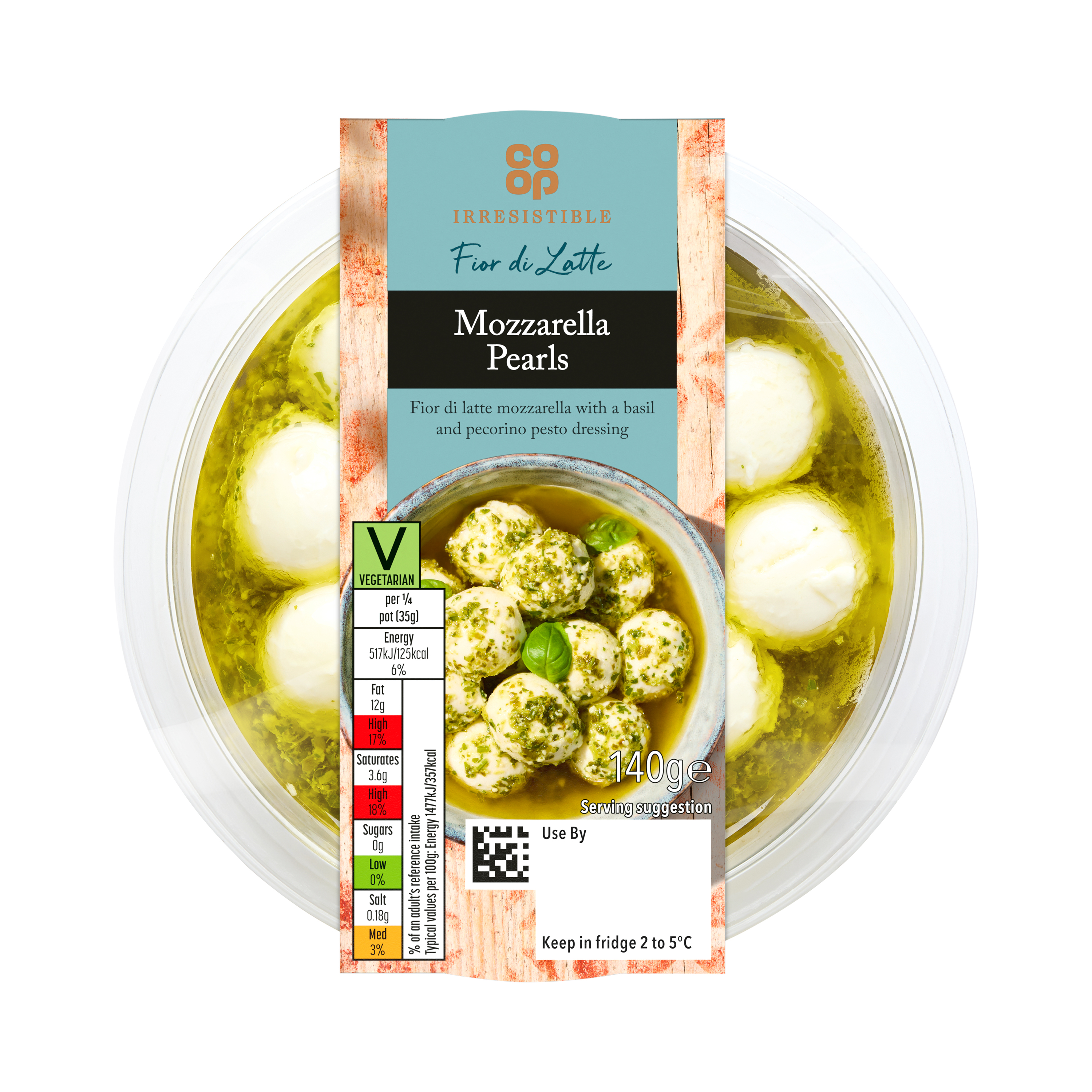 Co-op Irresistible Italian Mozzarella pearls with Basil 140g