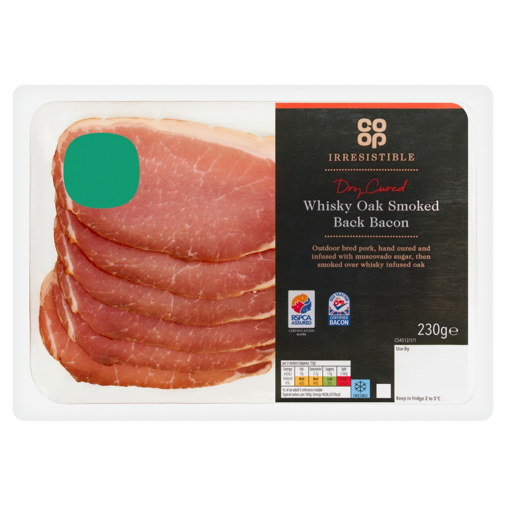Co-op Irresistible Whisky Oak Smoked Back Bacon 230g