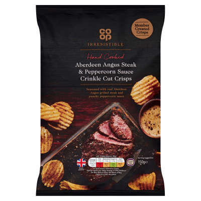 Co-op Irresistible Hand Cooked Aberdeen Angus Steak & Peppercorn Sauce Crinkle Cut Crisps 150g