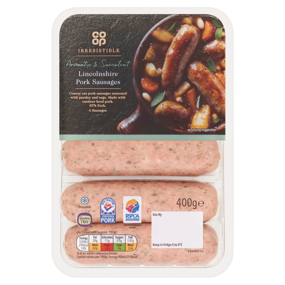 Coop Irresistible 6 Lincolnshire Pork Sausages 400g Coop