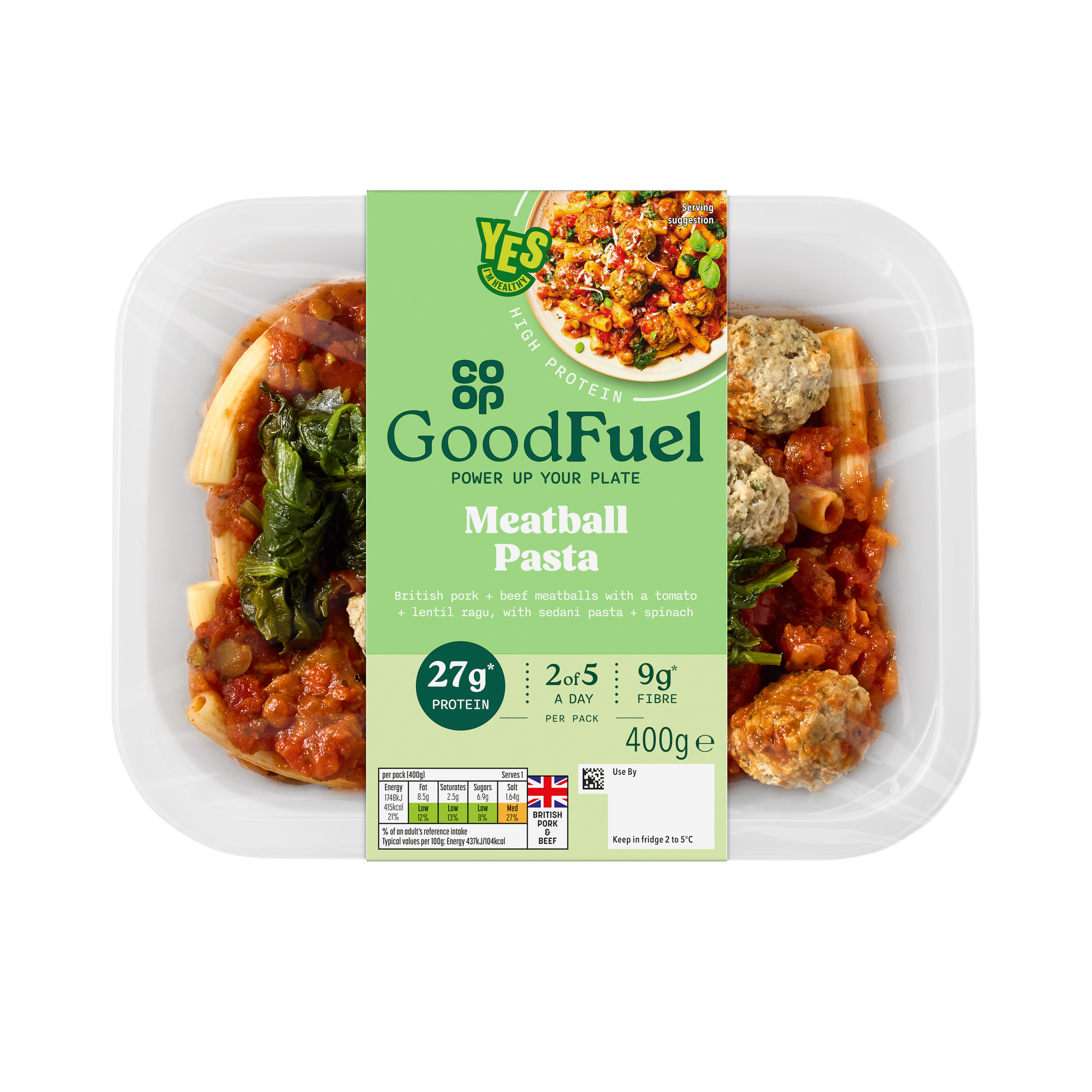 Co-op Good Fuel Meatball Pasta with Tomato & Lentil Sauce 400g