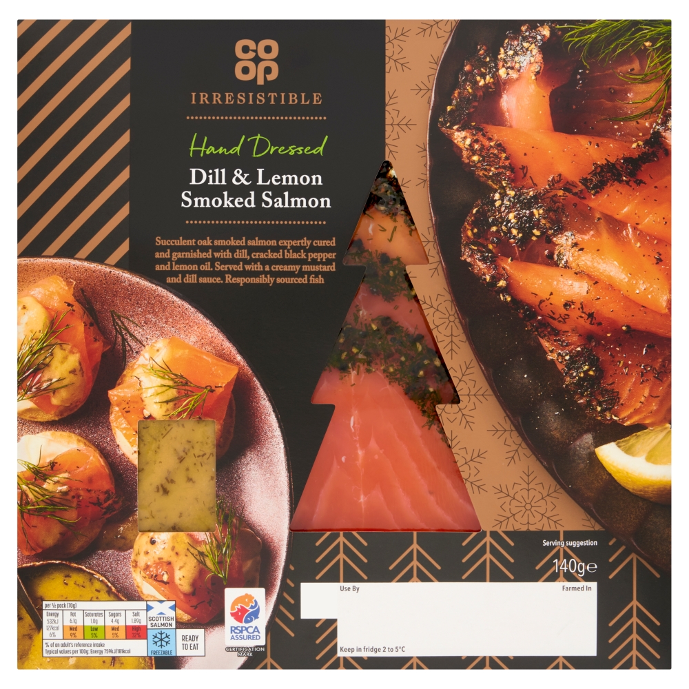 Co-op Irresistible Oak Smoked Salmon ​Hand finished with Lemon, Dill & Peppercorns with a Mustard and Dill sauce​