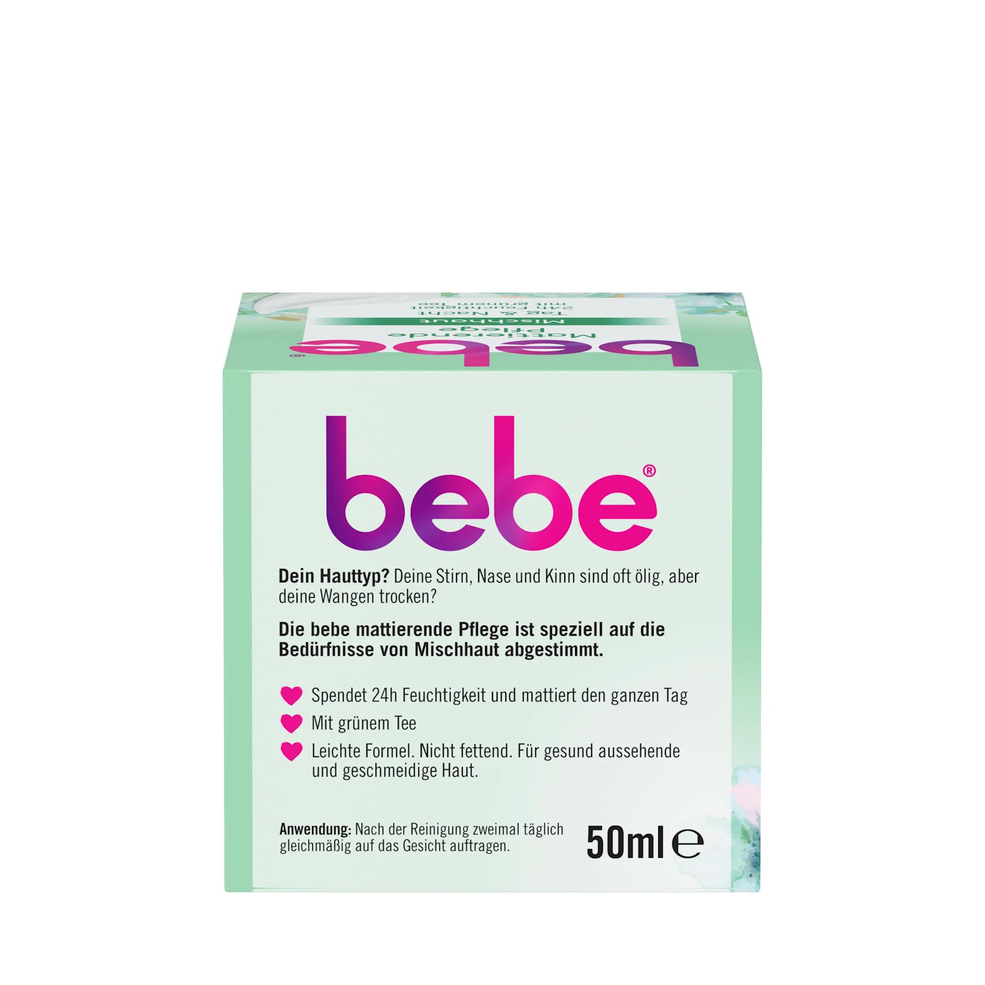 BEB_EMEA_DE_3574661690544_9203005_mattierende_Pflegel_50ml_005 ALT: bebe® Mattierende Pflege Packshot Rückseite