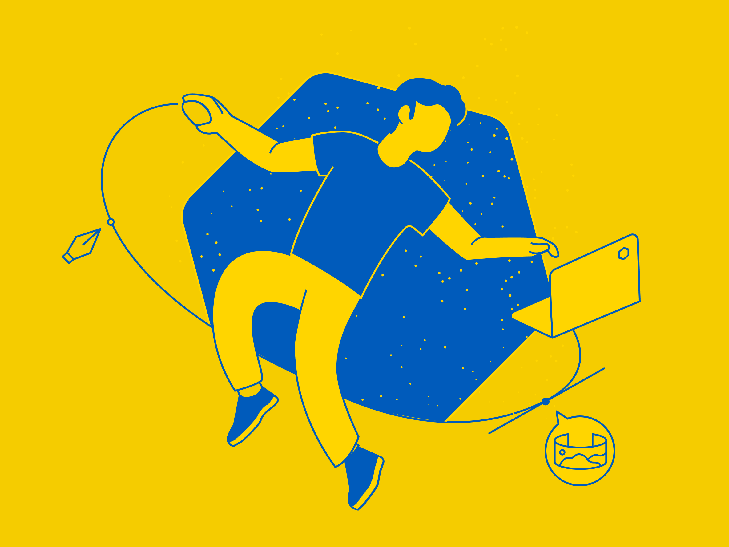 Illustration of person floating with laptop and documents spinning around them