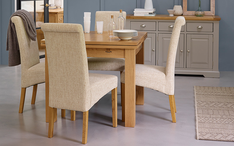 Oak square dining table and 4 fabric chairs grey sideboard