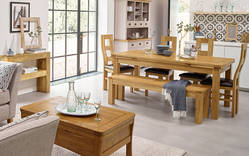 oak dining table set with bench