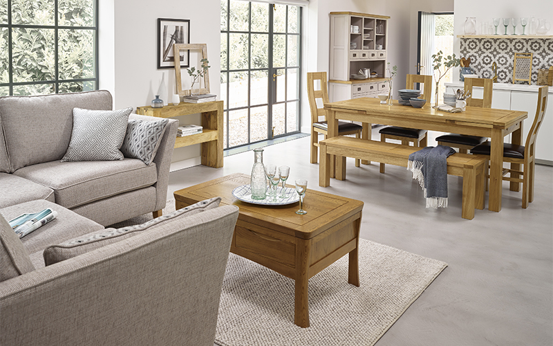 beige corner sofa in open plan living dining area