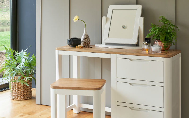 white modern dressing table with mirror and matching stool