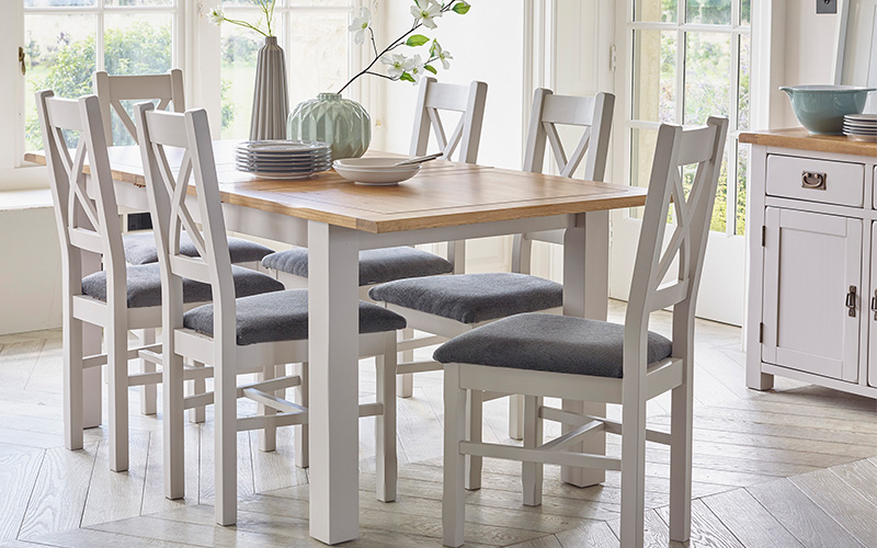 light grey dining table and 6 chairs