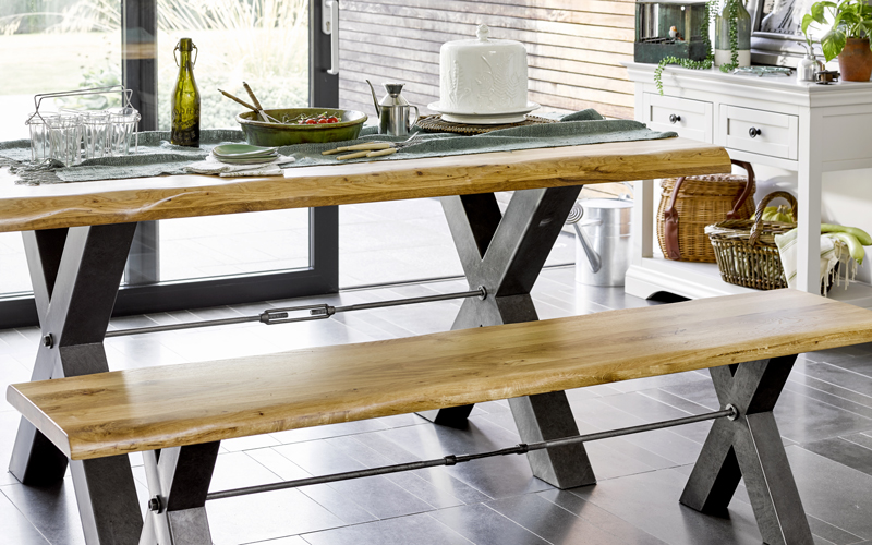 Industrial style dining table and bench set