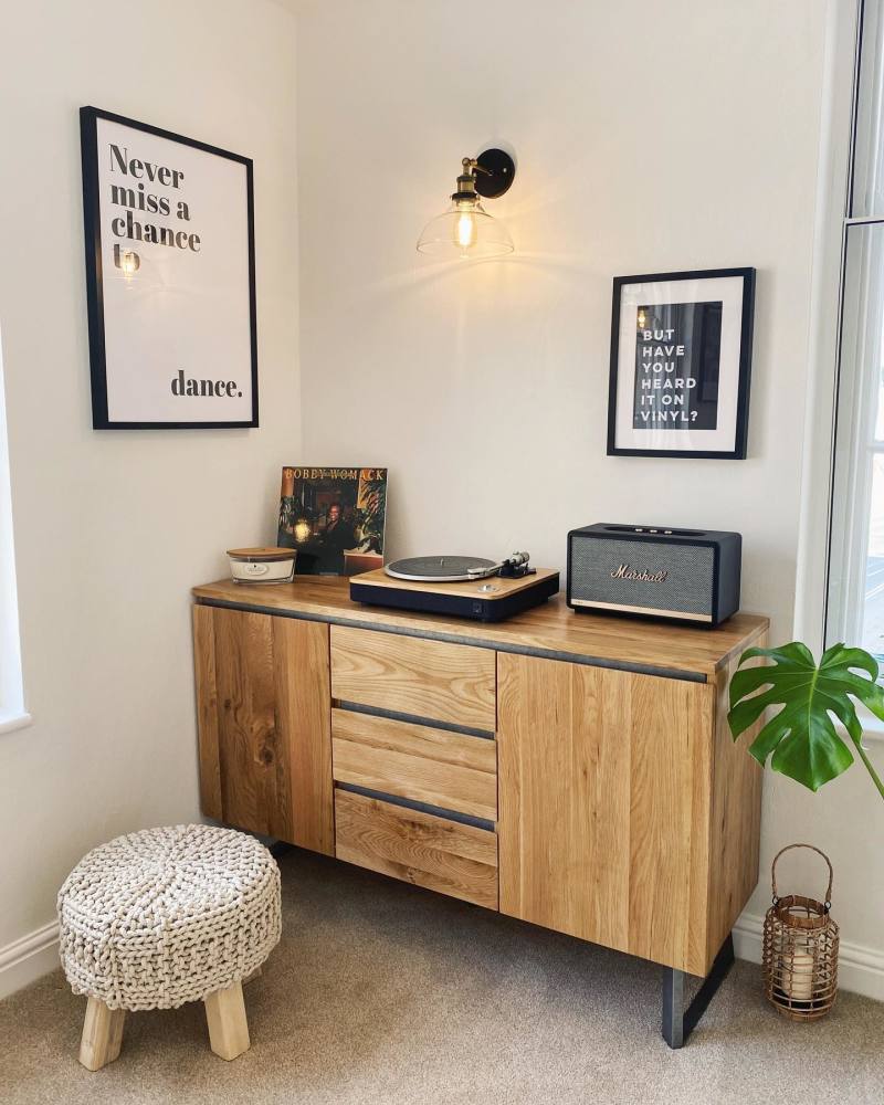 Large industrial-style sideboard with vinyl player