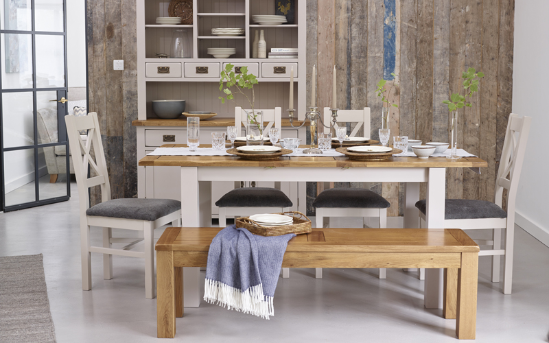 Oak and grey painted dining table with bench and chairs
