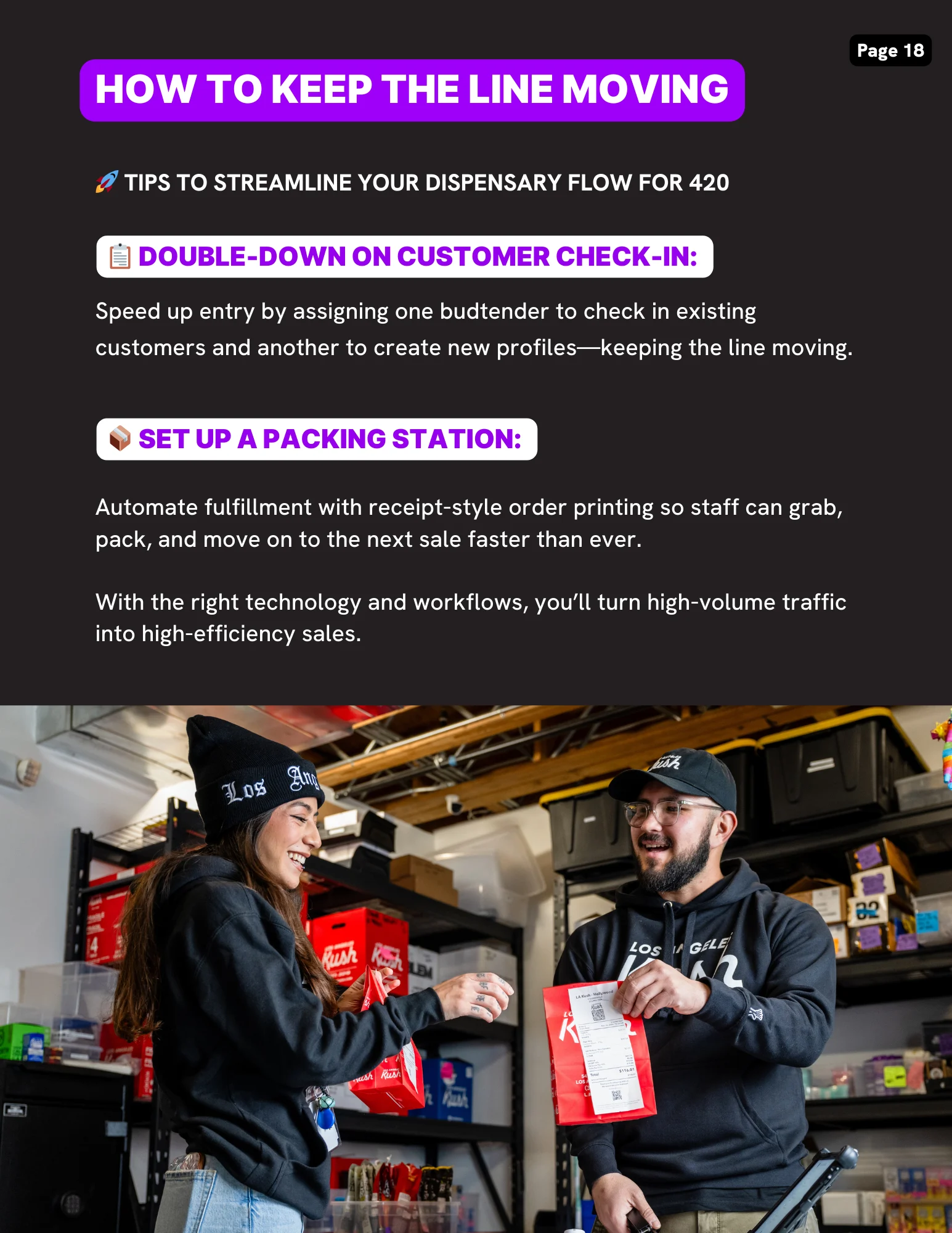 Guide page with two tips for faster dispensary service on 420: splitting budtender check-in duties between existing and new customers, and setting up a packing station with receipt-style order printing.