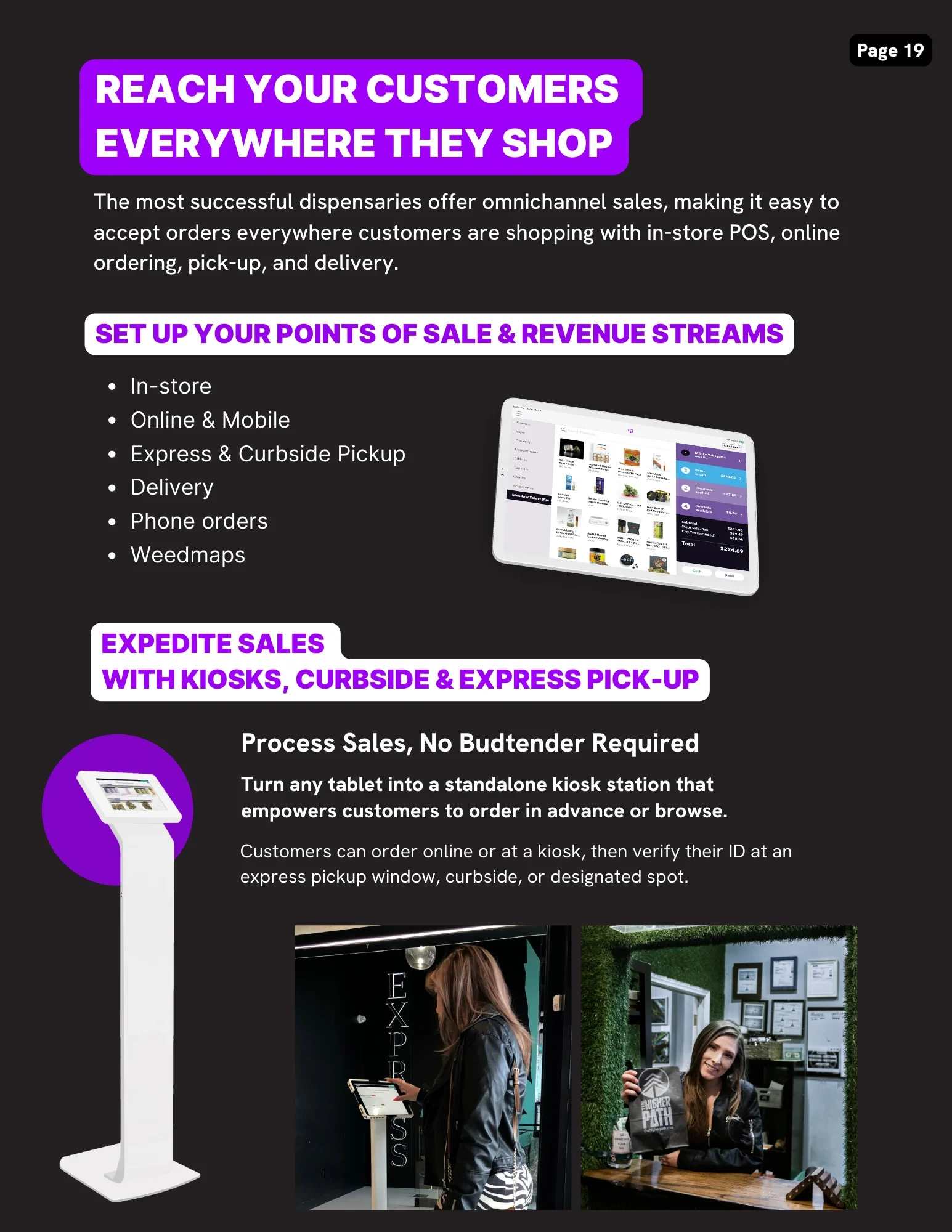 Guide page on omnichannel dispensary sales, listing in-store, online, express and curbside pickup, delivery, phone orders, and Weedmaps, alongside self-order kiosk setups.
