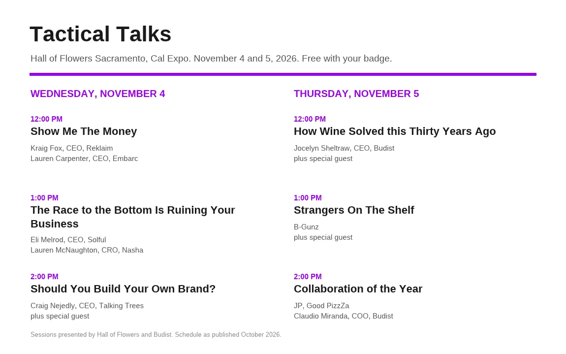 Tactical Talks Schedule - Hall of Flowers Sacramento 2026