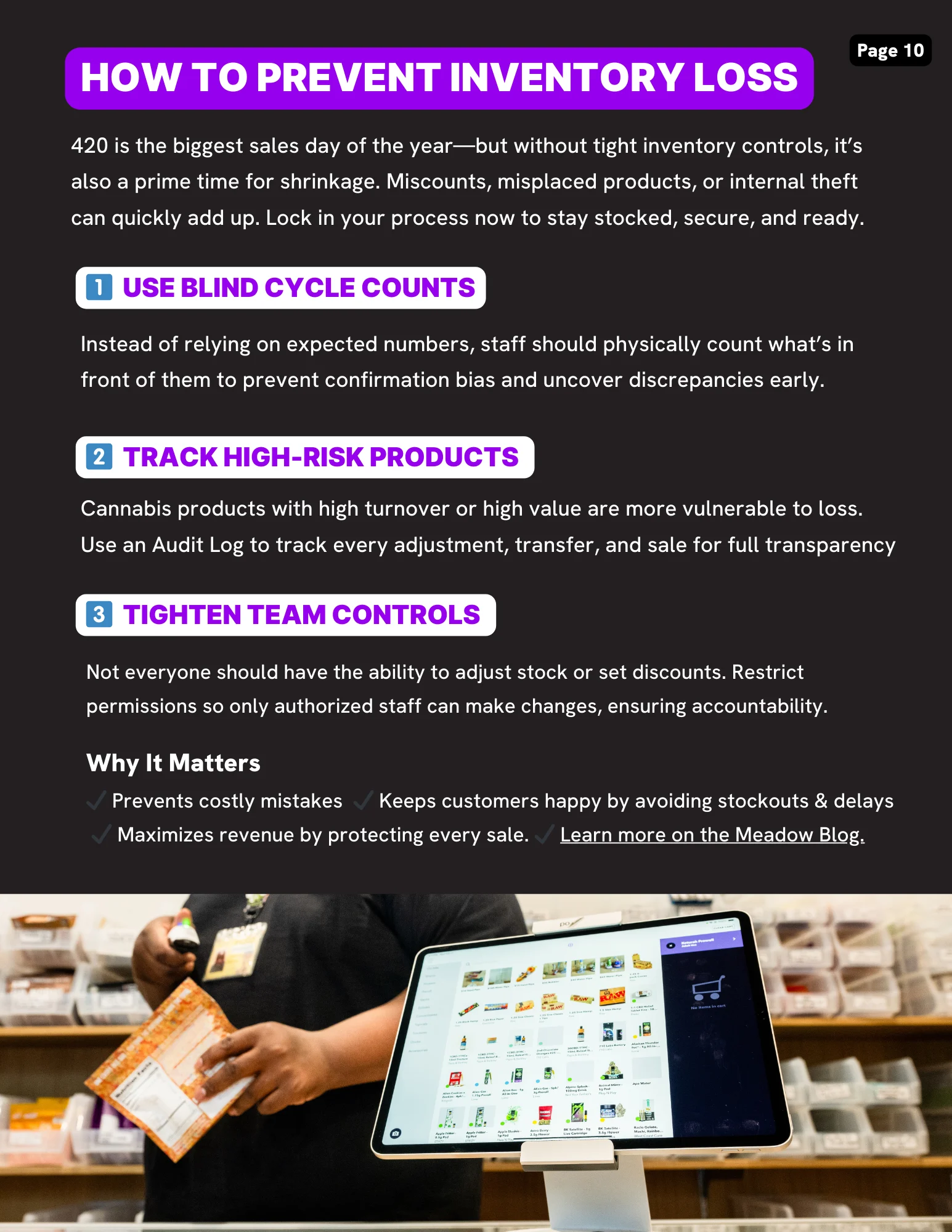 Guide page listing three ways to prevent dispensary inventory loss before 420: blind cycle counts, tracking high-risk products with an audit log, and restricting staff permissions.
