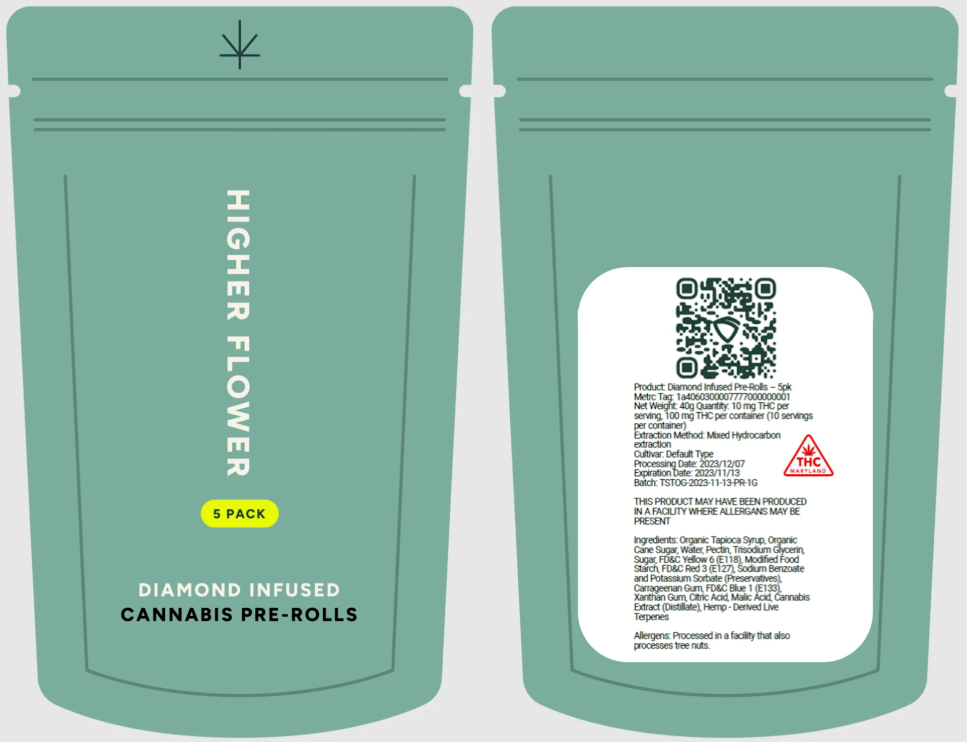 Example of cannabis packaging with a Metrc Retail ID QR code on the compliance label.