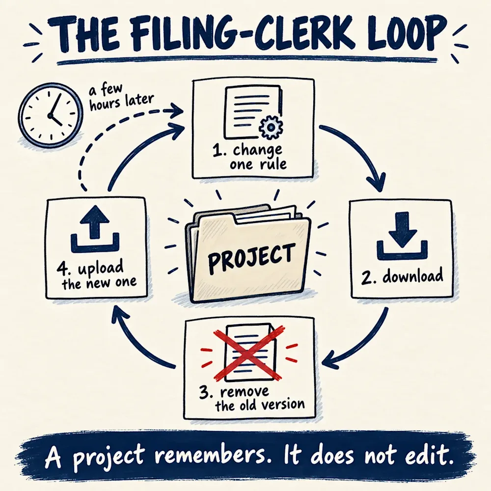 A circle of four steps around a project folder: change one rule, download it, cross out the old version, upload the new one, a clock marking a few hours later.
